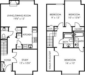 A black and white image of a floor plan for a two-bedroom apartment.