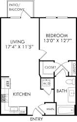 A floor plan of a home with a living room, kitchen, bathroom, and bedroom.