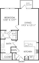 A black and white image of a floor plan for a home with a bedroom, living room, kitchen, bathroom, and closet.