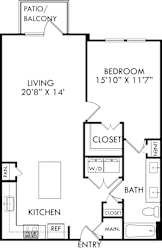 A floor plan of a small apartment with a living room, bedroom, kitchen, and bathroom.
