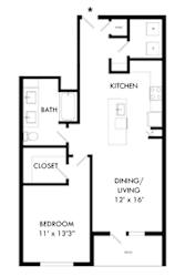 a floor plan of a small house with a kitchen and a living room