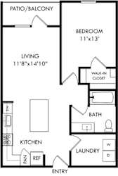 the 1 bedroom 1 bath barkley floorplan. entry opens into kitchen area with l-shaped kitchen and island. overlooking living area and entrance to patio or balcony. bedroom has walk in closet. full size washer/dryer in laundry room. bathroom has garden style tub.