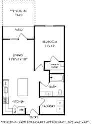 the 1 bedroom 1 bath barkley floorplan. entry opens into kitchen area with l-shaped kitchen and island. overlooking living area and entrance to patio with fenced-in yard. bedroom has walk in closet. full size washer/dryer in laundry room. bathroom has garden style tub.
