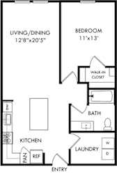 the 1 bedroom 1 bath Douglas foorplan. entry opens into kitchen area with l-shaped kitchen and island. overlooking living area and entrance to bedroom has walk in closet. full size washer/dryer in laundry room. bathroom has garden style tub.