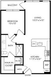 1 bedroom 1 bath floorplan. Entry opens into kitchen with peninsula couters overlooking the living area.  Entrance to bedroom from the living room. Bathroom access available from living as well as bedroom. Walk-in closet with stackable washer/dryer. Balcony off of living room