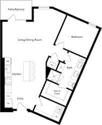 1 bedroom floorplan with large laundry room. Kitchen with island. living/dining area. bath with standalone shower. Large Walk-in closet.