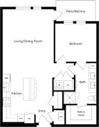1 bedroom floorplan with L-shaped kitchen with island and pantry. Living/dining area. Full size w/d. Bathroom with double sink vanity and standalone shower. Walk-in closet