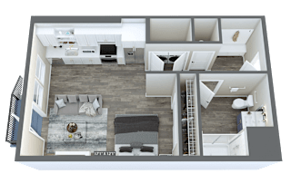 a 3d floor plan of a house with a bedroom and a living room