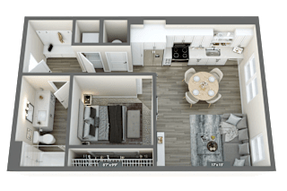 A floor plan of a house with a living room, kitchen, and two bedrooms.