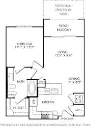 A floor plan of a small apartment with a bedroom, bathroom, kitchen, and living room.
