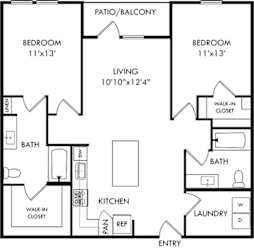 the 2 bedroom 2 bath hickory floorplan. entrance opens to l-shaped kitchen with island that overlooks the living area and entrance to patio/balcony. bedrooms on either side of the floorplan. Walk-in closets in each bedroom. guest access to secondary bathroom off of living area.
