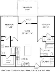 the 2 bedroom 2 bath hickory with fenced-in yard floorplan. entrance opens to l-shaped kitchen with island that overlooks the living area and entrance to patio with fenced-in yard. bedrooms on either side of the floorplan. Walk-in closets in each bedroom. guest access to secondary bathroom off of living area.