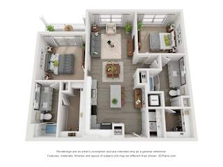 2 bedroom 2 bath Priestly floorplan. entry into l-shaped kitchen with island overlooking dining and living area. bedrooms on opposite sides of floorplan. secondary bathroom has dual guest access. Large walk-in closets for each bedroom. Balcony/patio access off of primary bedroom and living room area.
