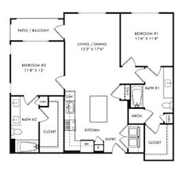 2 bedroom 2 bath Priestly floorplan. entry into l-shaped kitchen with island overlooking dining and living area. bedrooms on opposite sides of floorplan. secondary bathroom has dual guest access. Large walk-in closets for each bedroom. Balcony/patio access off of primary bedroom and living area.
