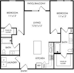 the 2 bedroom 2 bath kentucky floorplan. entrance opens to l-shaped kitchen with island that overlooks the living area and entrance to patio/balcony. bedrooms on either side of the floorplan. Walk-in closets in each bedroom. guest access to secondary bathroom off of living area.  Laundry room with full size washer/dryer next to entrance of home.