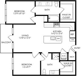 2 Bedroom 2 bath floorplan with L-shaped kitchen, pantry, w/d. one bathroom has a tub/shower while the other is a standalone shower. Bedrooms on opposite sides of the floorplan. Walk-in closets. balcony off of living area.