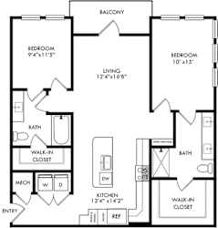 2 bedroom 2 bath floorplan. Entrance opens to full size washer/dryer closet and leads to kitchen with a bench and hooks and open shelves. Kitchen with l-shaped counters and island. open to living area. Bedrooms on opposite sides of the floorplan with bathrooms and walk-in closets. balcony access off of living room