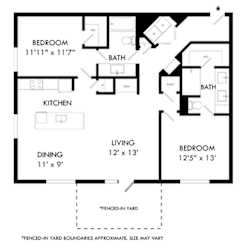 A black and white image of a house floor plan with a fenced-in yard.