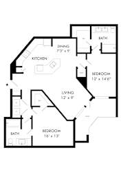 A black and white image of a house floor plan with a kitchen, dining room, living room, and two bedrooms.