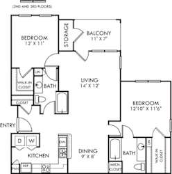 A black and white image of a floor plan for a two and three bedroom apartment.