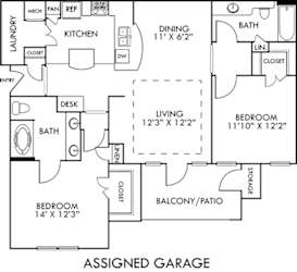 Berlin 2 bedroom floorplan with large living room and separate dining space. U-shaped kitchen attached to full size laundry room.