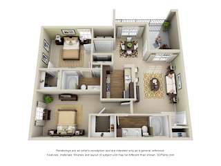Birmingham 3D. 2 bedroom apartment. Kitchen with bartop open to living/dinning rooms. 2 full bathrooms, double vanity in master. Walk-in closets. Patio/balcony.