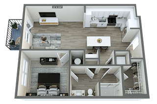 a 3d rendering of a floor plan with a bedroom and a living room