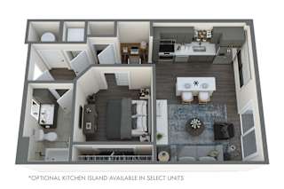 A 3D floor plan of a small apartment with an optional kitchen island.