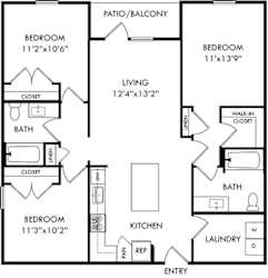 The 3 bedroom 2 bath Norris floorplan.  entry opens to l-shaped kitchen with island that overlooking living area. entrance to patio/balcony off of living area. secondary and tertiary bedrooms on opposite side of floorplan from primary.