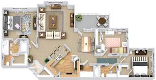 A detailed 3D floor plan of a house showing all rooms and their layouts.