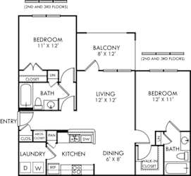 A black and white image of a floor plan for a two-bedroom, two-bathroom apartment.
