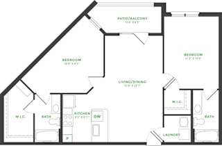 2 bedroom 2 bath floorplan with kitchen overlooking dining/living area. private baths. w.i.c. full size washer/dryer. patio/balcony