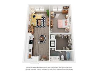 A floor plan of a small apartment with a kitchen, living room, and bathroom.