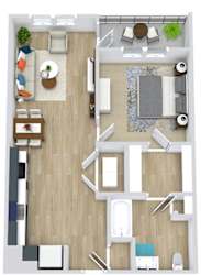 1 bedroom 1 bath cypress floorplan. Entry opens to kitchen with L-shaped kitchen which opens into the living and dining area. bedroom off of living area. closet in bedroom leads to private bath with linen closet.