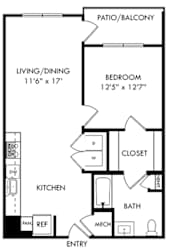 1 bedroom 1 bath cypress floorplan. Entry opens to kitchen with L-shaped kitchen which opens into the living and dining area. bedroom off of living area. closet in bedroom leads to private bath with linen closet.