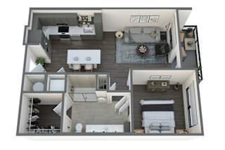 a 3d floor plan of a studio apartment with a bedroom and living room