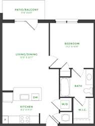 1 Bedroom floorplan with kitchen and island peninsula bedroom with private bath. Walk-in Closet. Patio/Balcony.
