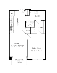 A floor plan of a house with a kitchen, living room, and bathroom.