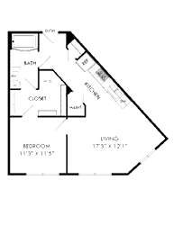 A floor plan of a living room, kitchen, and bedroom.