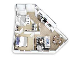 A 3D floor plan of a small apartment with a kitchen, living room, and bathroom.