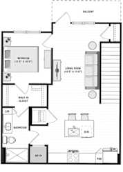 1 bedroom 2nd floor apartment. Stairs open into kitchen area with island and pantry.  island overlooks the living room. Bedroom is off of the living room. with large walk-in closet  that connects to the bathroom. Standalone glass shower with guess access door. Stackable Washer/Dryer in closet in kitchen area. Large balcony off of the living room.