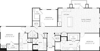 A floor plan of a house with a balcony, two bedrooms, a living/dining area, a kitchen, and a wine cellar.