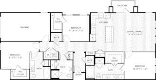 A floor plan of a house with a garage, two bedrooms, a living area, a kitchen, and a wine cellar.
