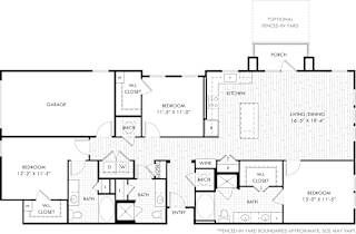 A floor plan of a house with a garage, two bedrooms, a living area, a kitchen, and a bathroom.
