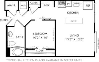 A floor plan of a small apartment with a kitchen, bathroom, and bedroom.