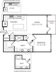 A floor plan of a home showing the layout of the kitchen, living room, bathroom, and bedroom.