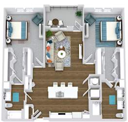 2 bedroom 2 bath floorplan entry open to kitchen with island overlooking living area. bedrooms on opposite sides of floorplan. primary bath with double sink vanity and standalone shower. Balcony off of living room area.
