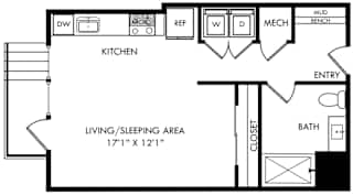 A black and white floor plan of a small apartment with a living/sleeping area, kitchen, bathroom, and closet.