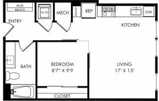 A floor plan of a small apartment with a bedroom, bathroom, kitchen, and living room.