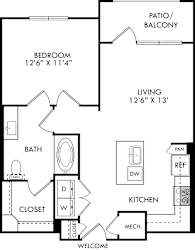 A floor plan of a home with a bedroom, bathroom, kitchen, and living room.